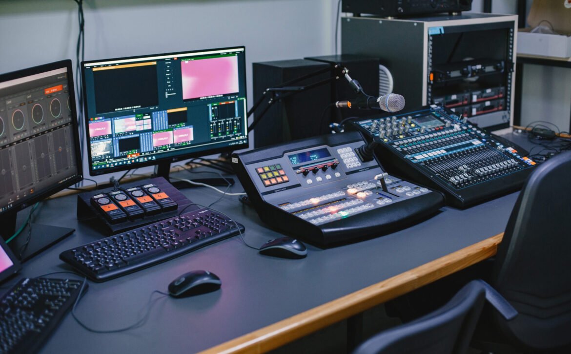 Close up of sound engineer studio with equipment