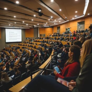 Large lecture hall filled with students attending university lectures and seminars