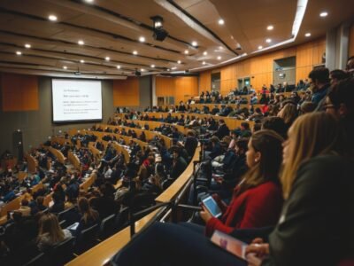 Large lecture hall filled with students attending university lectures and seminars