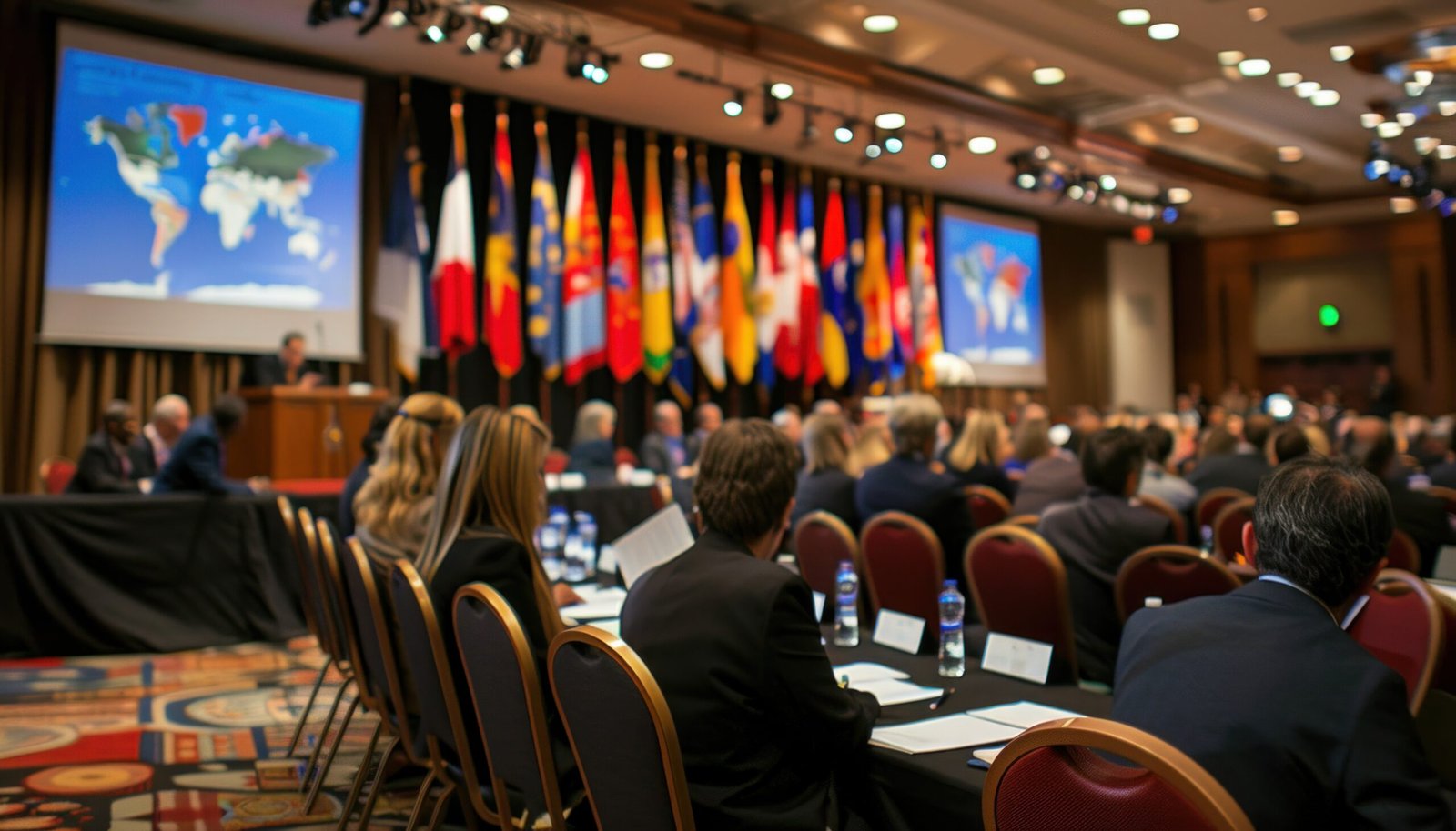 A crowd is seated in a conference room watching a presentation