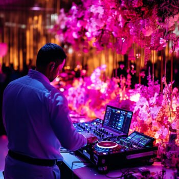 man-is-working-dj-set-up-front-colorful-backdrop-pink-flowers