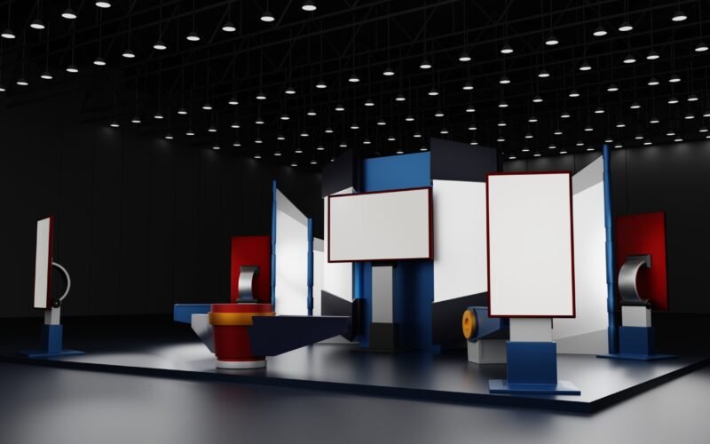 Booth exhibition stand display mockup design for event trade fai Booth system exhibition stand display mockup template design for event trade fair show in exhibition hall center, convention hall, 3D rendering.